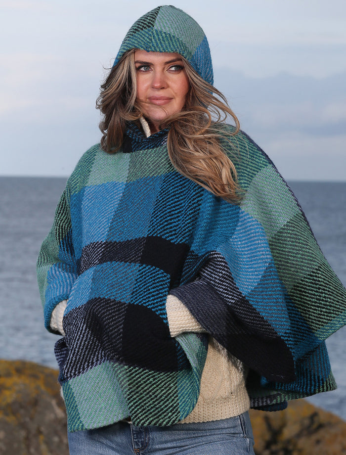 Cheryl Herringbone Hooded Poncho - Kildare Blue #color_kildare-blue