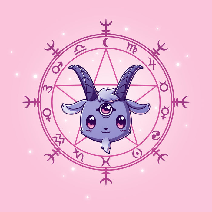 Premium Cotton T-shirt_TeeTurtle Chibi Baphoment pink t-shirt featuring a goat-like creature with three eyes in front of a mystical symbol.
