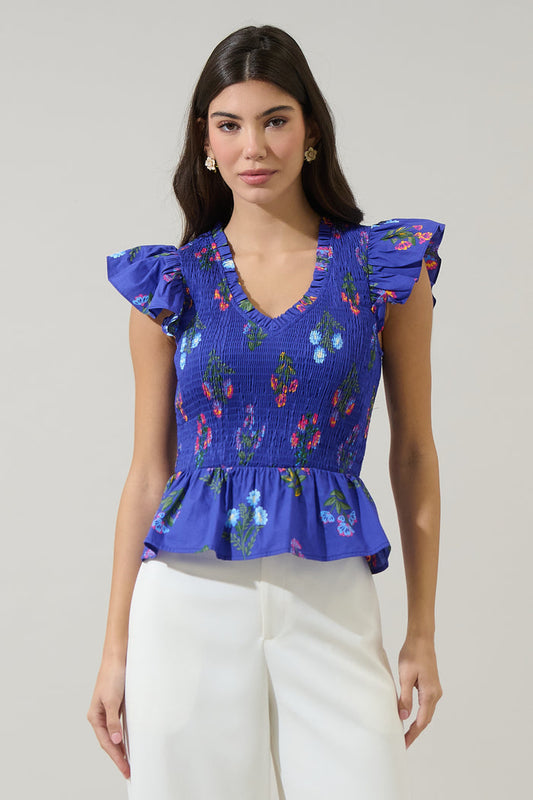 Clemen Floral Brish Smocked Ruffle Top