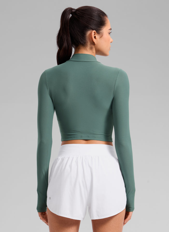 CRZ YOGA Women's Cloudweight Mock Neck Crop Tight Fit Long Sleeve Graphite Green