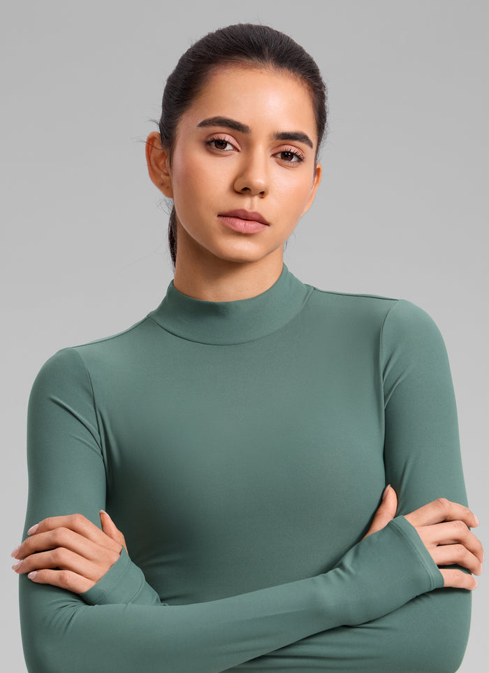 CRZ YOGA Women's Cloudweight Mock Neck Crop Tight Fit Long Sleeve Graphite Green