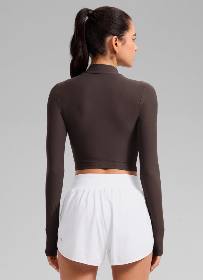 CRZ YOGA Women's Cloudweight Mock Neck Crop Tight Fit Long Sleeve Hot Fudge Brown