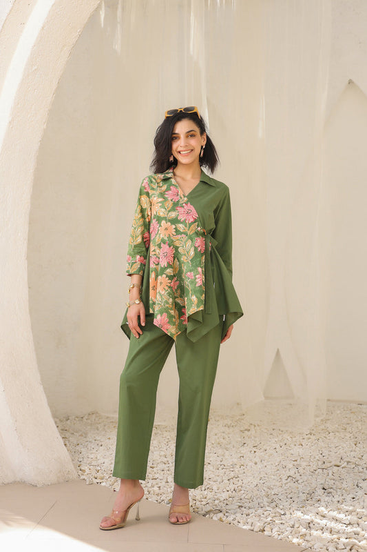 Colour Block Olive Green Cotton Flex Co-ord Set
