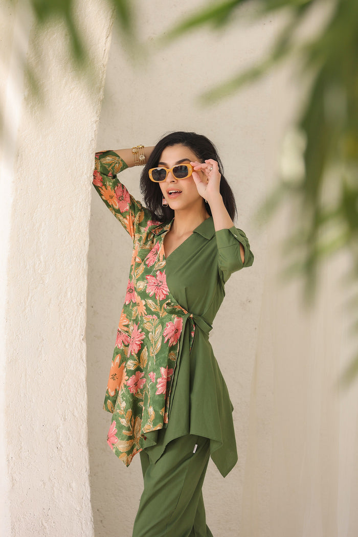 Colour Block Olive Green Cotton Flex Co-ord Set