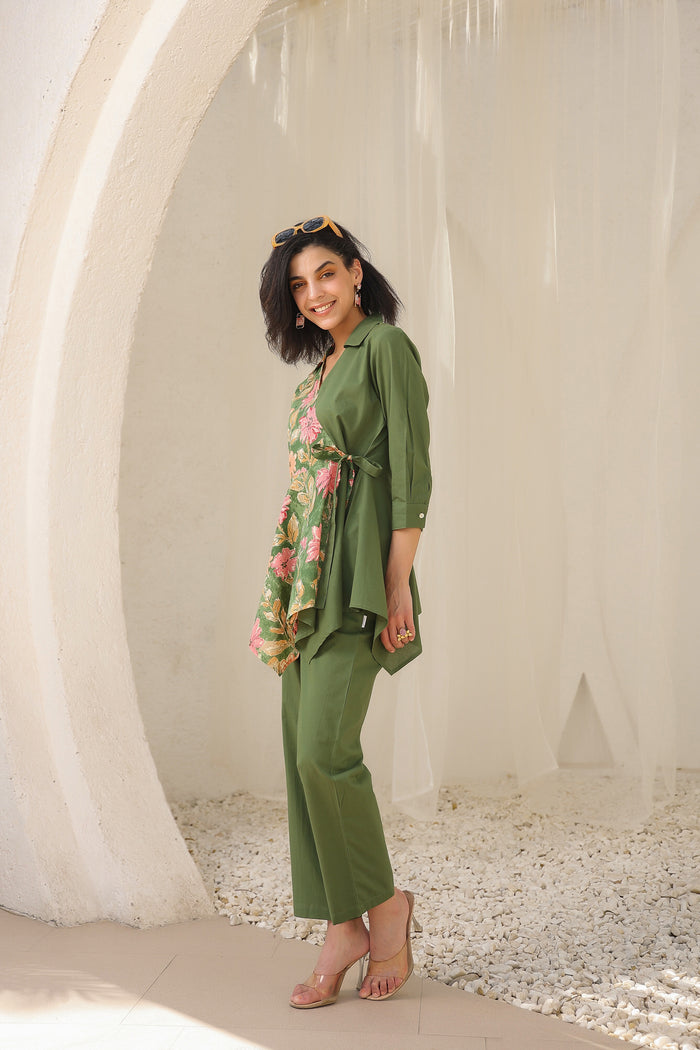 Colour Block Olive Green Cotton Flex Co-ord Set