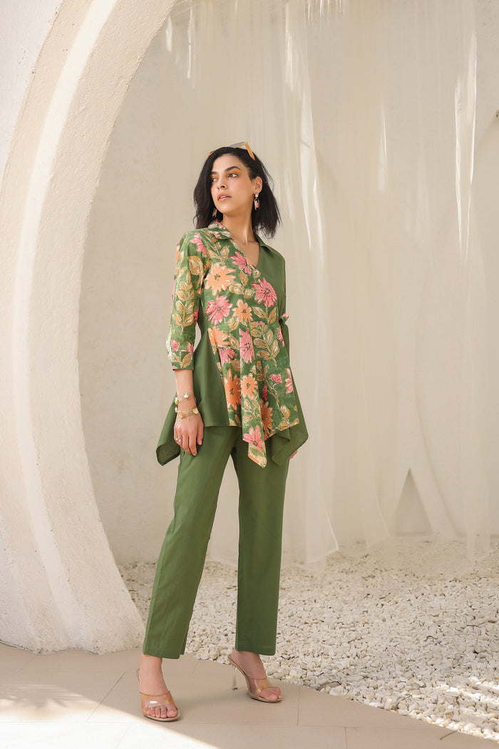 Colour Block Olive Green Cotton Flex Co-ord Set