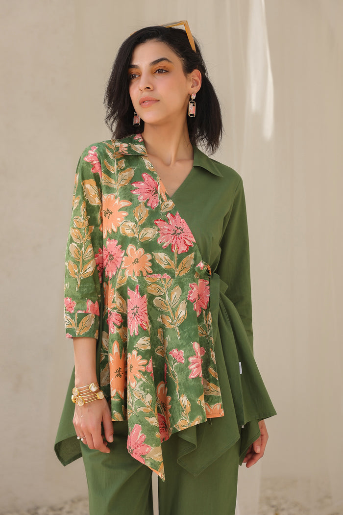 Colour Block Olive Green Cotton Flex Co-ord Set