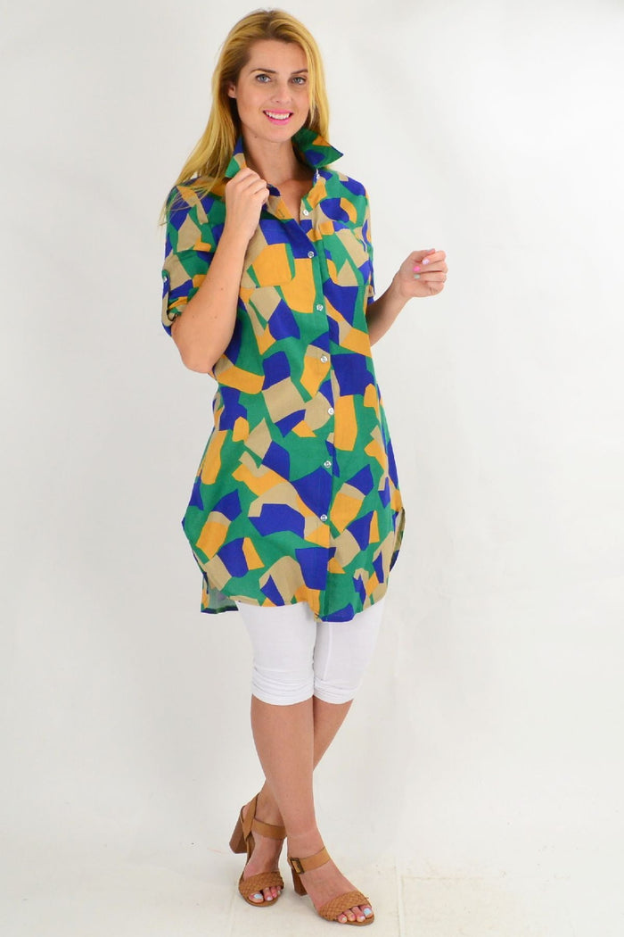 Colorful summer tunic shirt by Ruby Rain with vibrant patterns and lightweight fabric, perfect for warm weather wear.