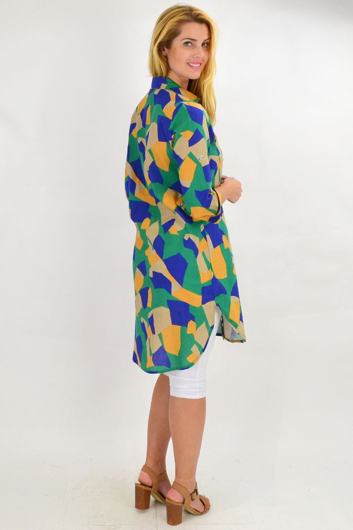 Colorful summer tunic shirt by Ruby Rain in green and beige, featuring a relaxed fit and vibrant design for warm-weather style.