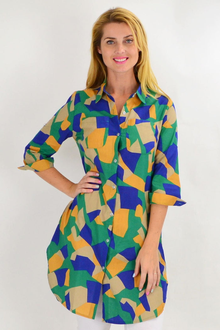 Colorful summer tunic shirt by Ruby Rain in green and beige, featuring a relaxed fit and vibrant design for warm-weather wear.