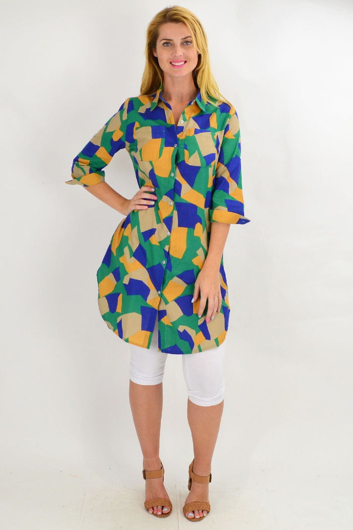 Colorful summer tunic shirt by Ruby Rain in green and beige, featuring a relaxed fit and vibrant, summery design.