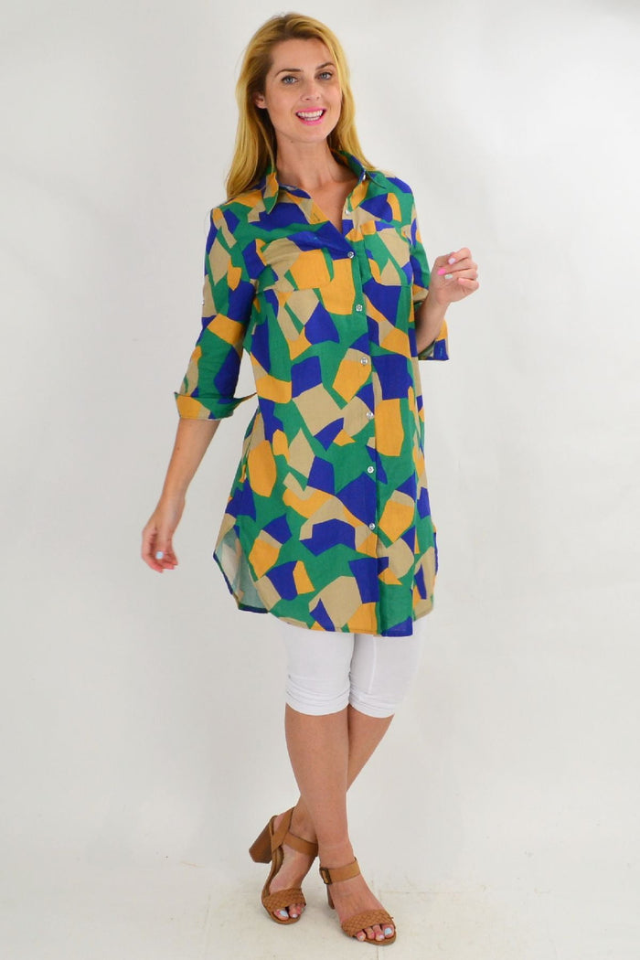 Colorful summer tunic shirt by Ruby Rain in green and beige, featuring a relaxed fit and vibrant pattern for warm-weather style.