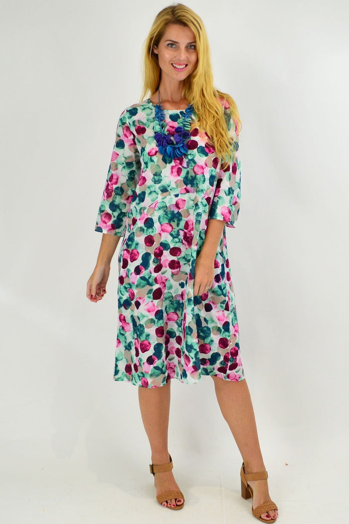 Confetti cotton blend tunic dress with pockets by Sticks and Stones, shown hanging on a mannequin with a casual style.