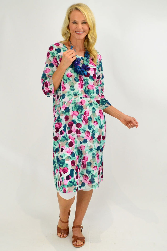 Confetti cotton blend tunic dress with pockets by Sticks and Stones, featuring a relaxed fit and colorful confetti pattern.
