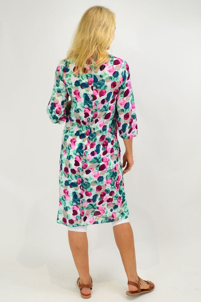 Confetti cotton blend tunic dress with pockets by Sticks and Stones, shown on a model, featuring a relaxed fit and colorful pattern.