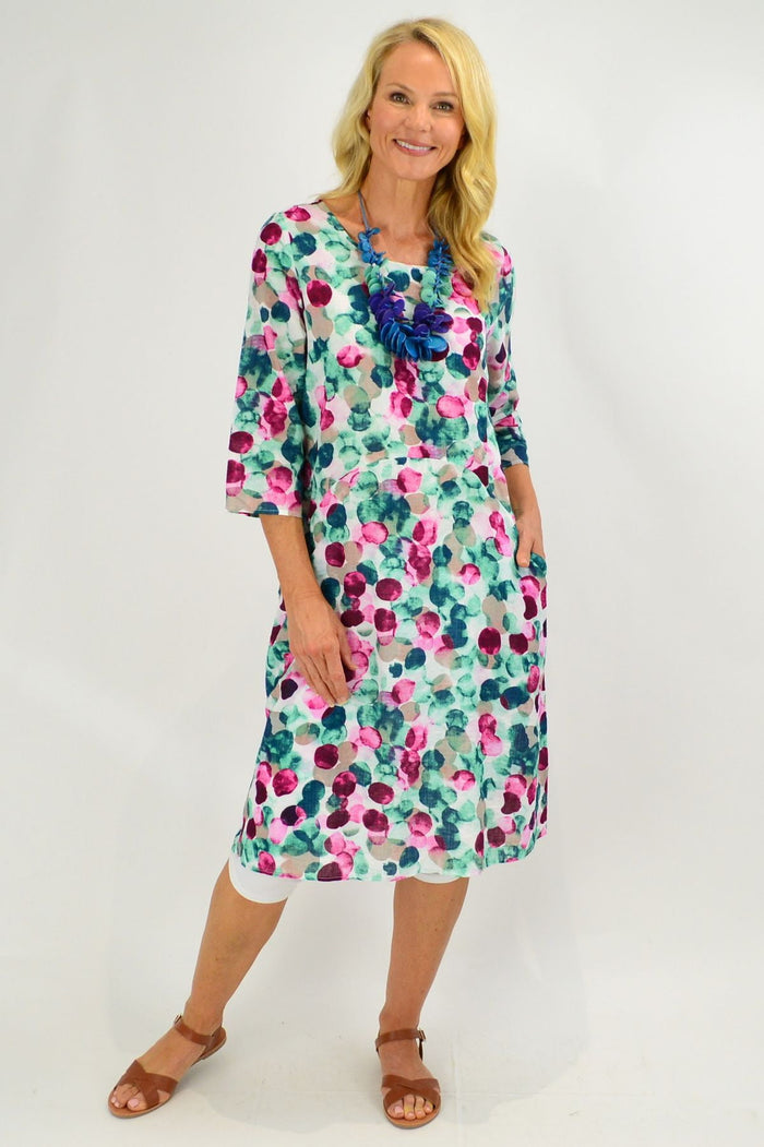 Confetti cotton blend tunic dress with pockets by Sticks and Stones, featuring a relaxed fit and playful multicolor confetti pattern.