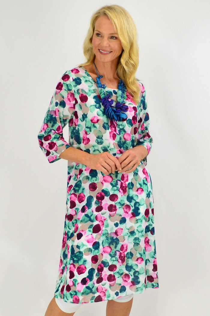 Confetti cotton blend tunic dress with pockets from Sticks and Stones, featuring a relaxed fit and colorful pattern.