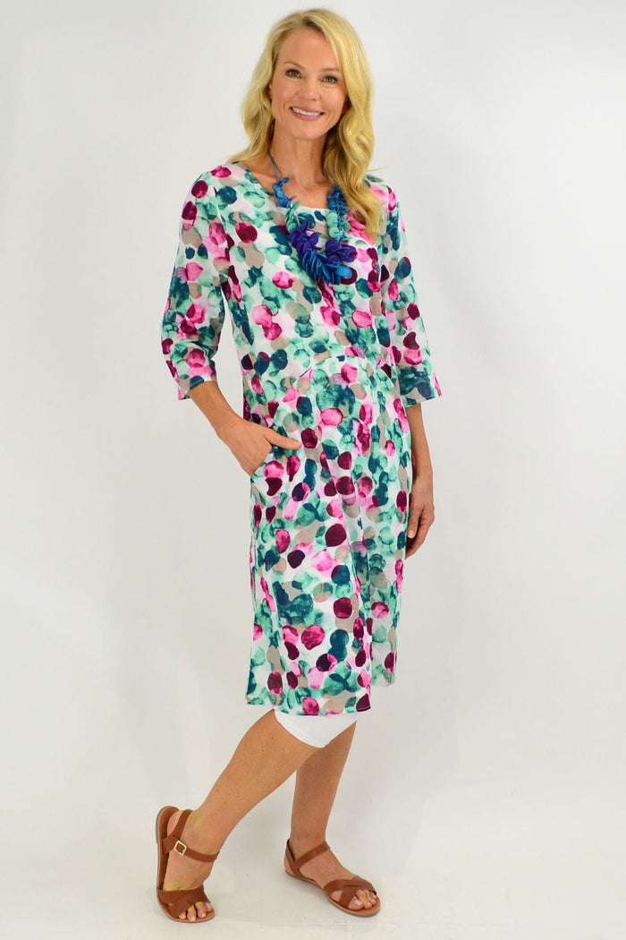 Confetti cotton blend tunic dress by Sticks and Stones with side pockets, casual fit, and colorful confetti pattern.