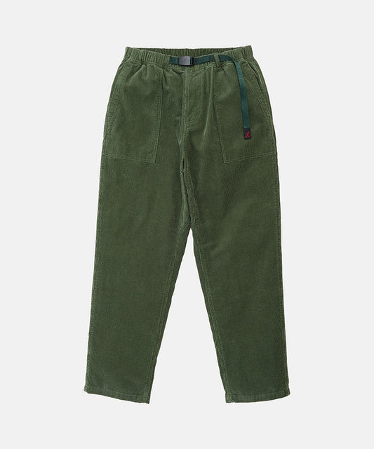 Toned olive colored Gramicci Corduroy Loose Tapered Ridge Pants with a belt against a light-tone background.