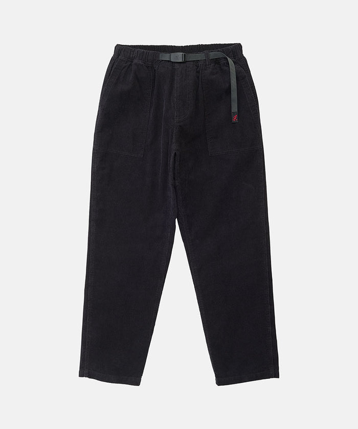 Black Gramicci Corduroy Loose Tapered Ridge Pants with a belt against a light-tone background.