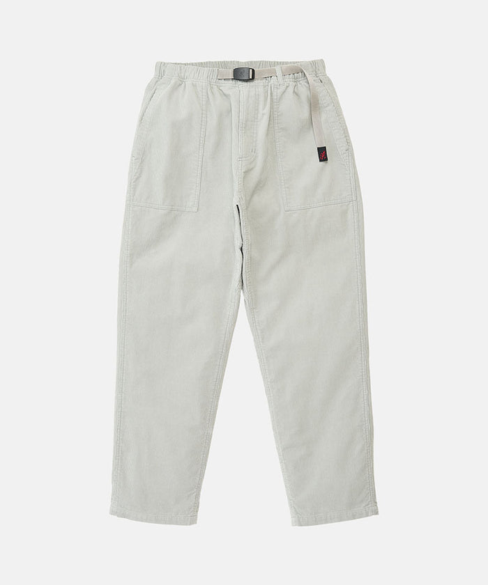 Smokey grey Gramicci Corduroy Loose Tapered Ridge Pants with a belt against a light-tone background.