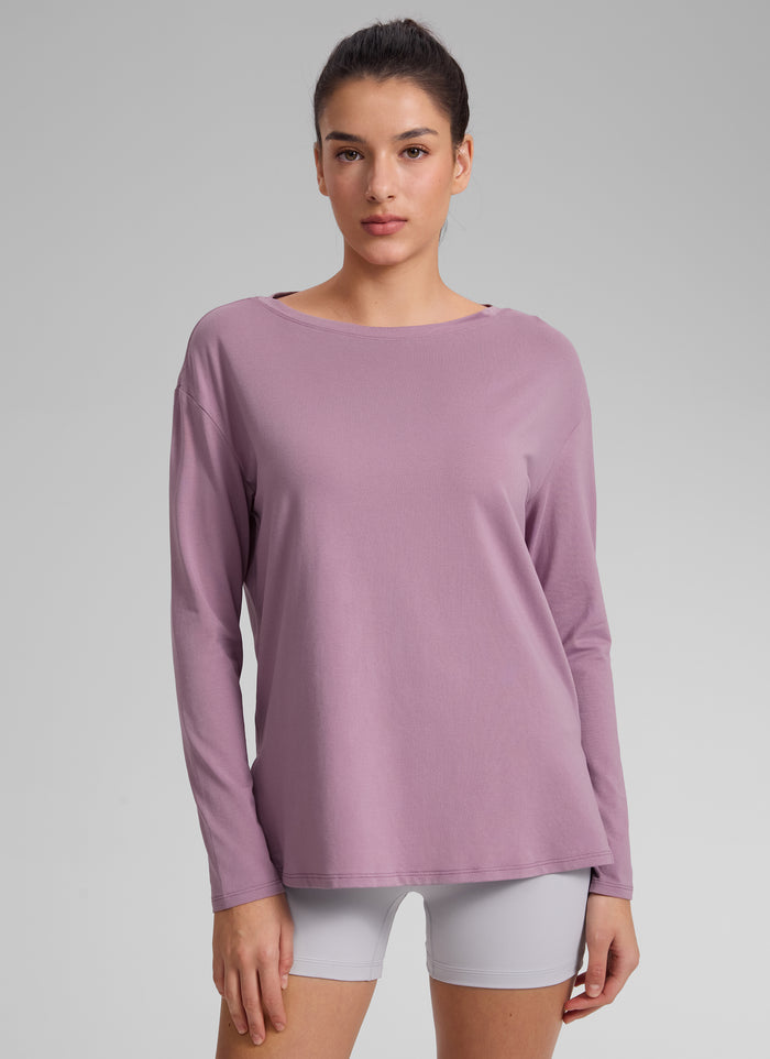 CRZ YOGA Women's Workout Boat Neck Hip Length Relaxed Fit Long Sleeves Light Lavender