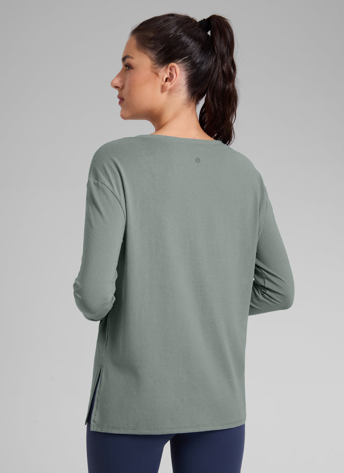CRZ YOGA Women's Workout Boat Neck Hip Length Relaxed Fit Long Sleeves Grey Sage