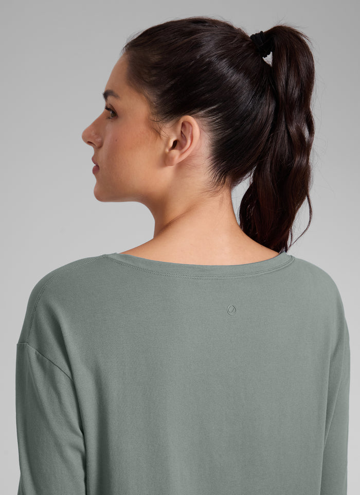 CRZ YOGA Women's Workout Boat Neck Hip Length Relaxed Fit Long Sleeves Grey Sage