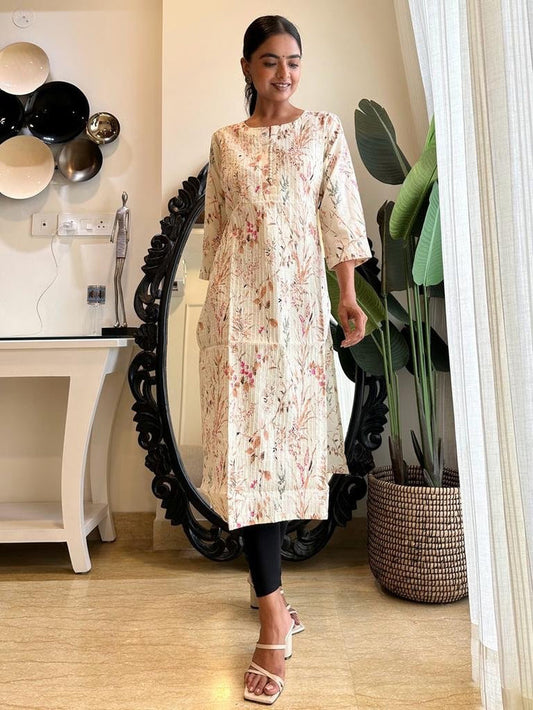 Cotton Pintuck Kurta- Off White Floral