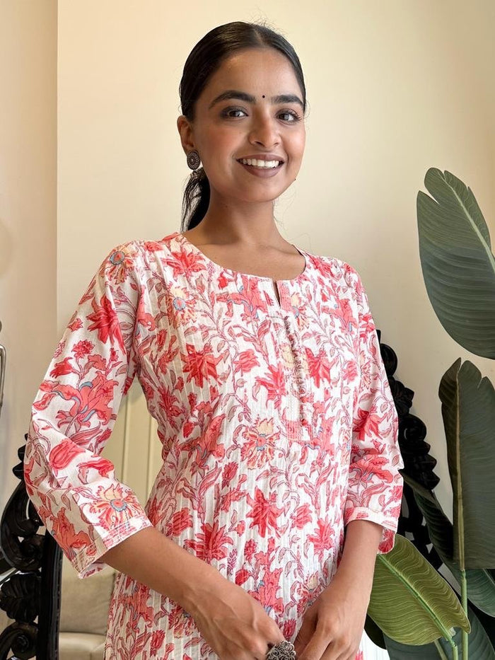Cotton Pintuck Kurta- White Pink Floral