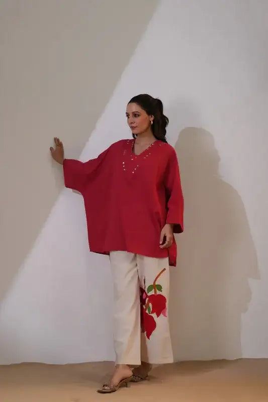Crimson Bloom Embroidered Cotton Flex Co-ord Set