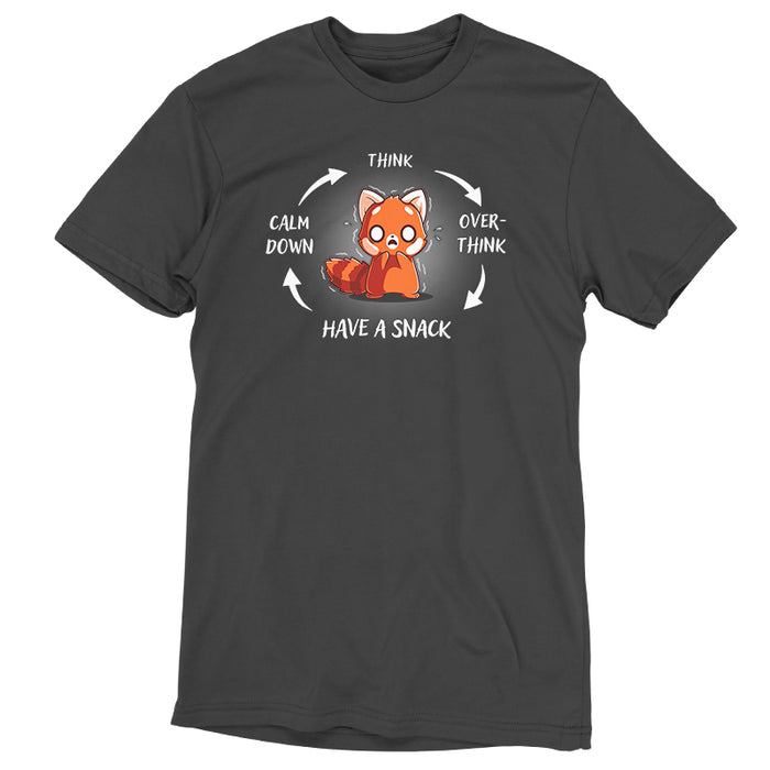 Premium Cotton T-shirt_TeeTurtle Cycle of Anxiety Charcoal Gray t-shirt featuring a red panda going through a cycle of anxiety and calm.