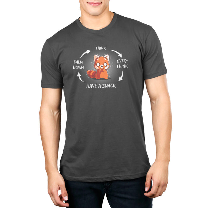 Premium Cotton T-shirt_TeeTurtle Cycle of Anxiety Charcoal Gray t-shirt featuring a red panda going through a cycle of anxiety and calm.