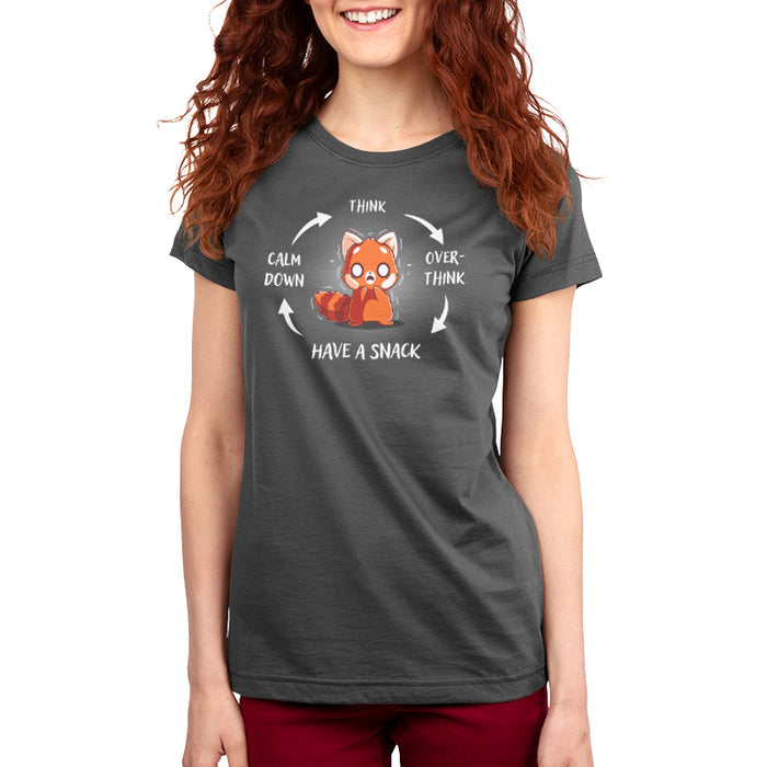 Premium Cotton T-shirt_TeeTurtle Cycle of Anxiety Charcoal Gray t-shirt featuring a red panda going through a cycle of anxiety and calm.