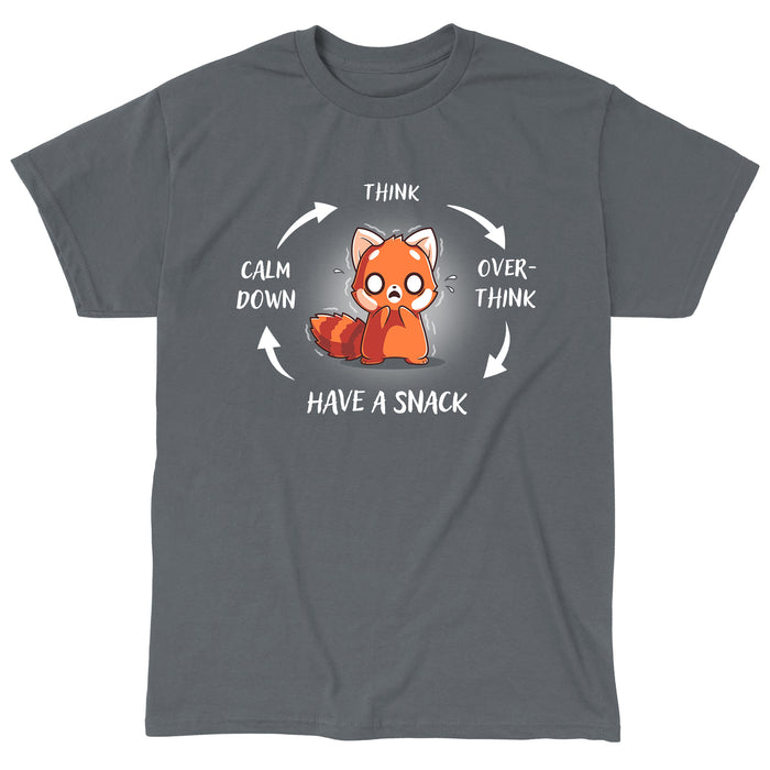 Classic Cotton T-shirt_TeeTurtle Cycle of Anxiety Charcoal Gray t-shirt featuring a red panda going through a cycle of anxiety and calm.