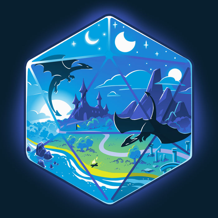 Premium Cotton T-shirt_TeeTurtle navy blue featuring an illustration of a fantasy world within a hexagonal frame, featuring flying dragons, a castle, mountains, a river, and both the sun and moon in the sky.