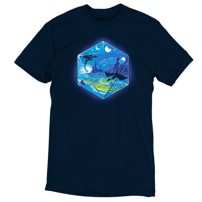 Premium Cotton T-shirt_TeeTurtle navy blue featuring an illustration of a fantasy world within a hexagonal frame, featuring flying dragons, a castle, mountains, a river, and both the sun and moon in the sky.