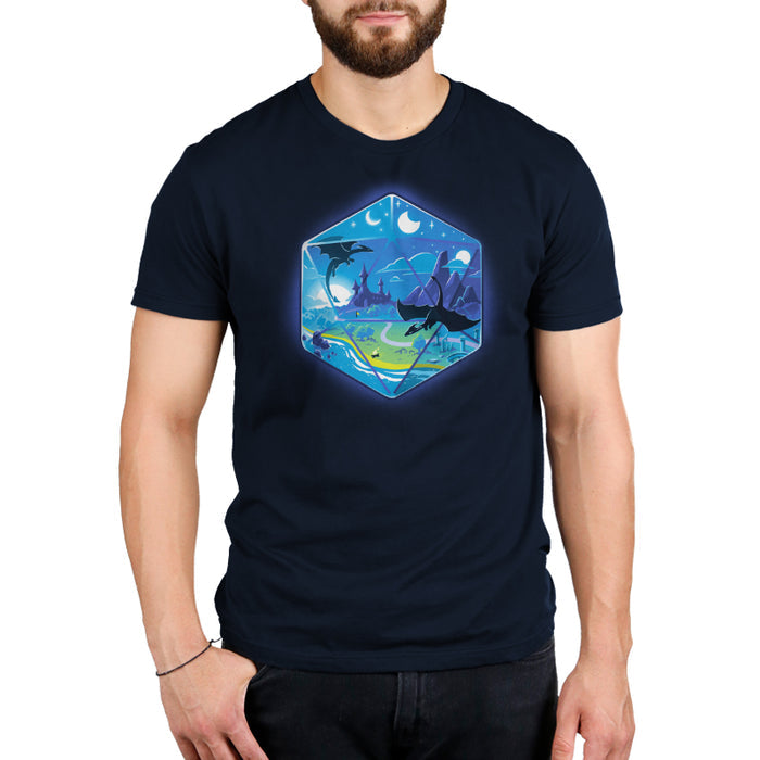 Premium Cotton T-shirt_TeeTurtle navy blue featuring an illustration of a fantasy world within a hexagonal frame, featuring flying dragons, a castle, mountains, a river, and both the sun and moon in the sky.