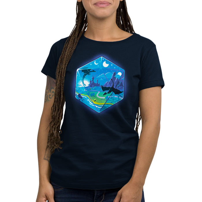 Premium Cotton T-shirt_TeeTurtle navy blue featuring an illustration of a fantasy world within a hexagonal frame, featuring flying dragons, a castle, mountains, a river, and both the sun and moon in the sky.