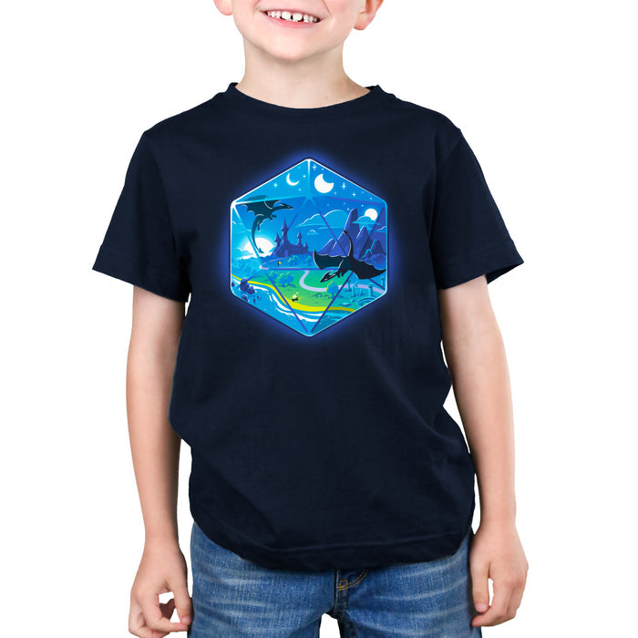 Premium Cotton T-shirt_TeeTurtle navy blue featuring an illustration of a fantasy world within a hexagonal frame, featuring flying dragons, a castle, mountains, a river, and both the sun and moon in the sky.