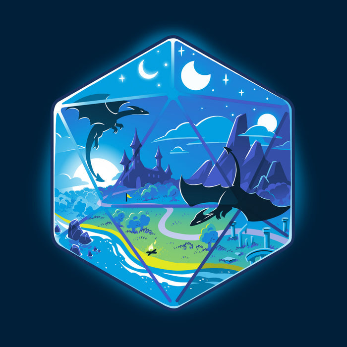 Classic Cotton T-shirt_TeeTurtle navy blue featuring an illustration of a fantasy world within a hexagonal frame, featuring flying dragons, a castle, mountains, a river, and both the sun and moon in the sky.
