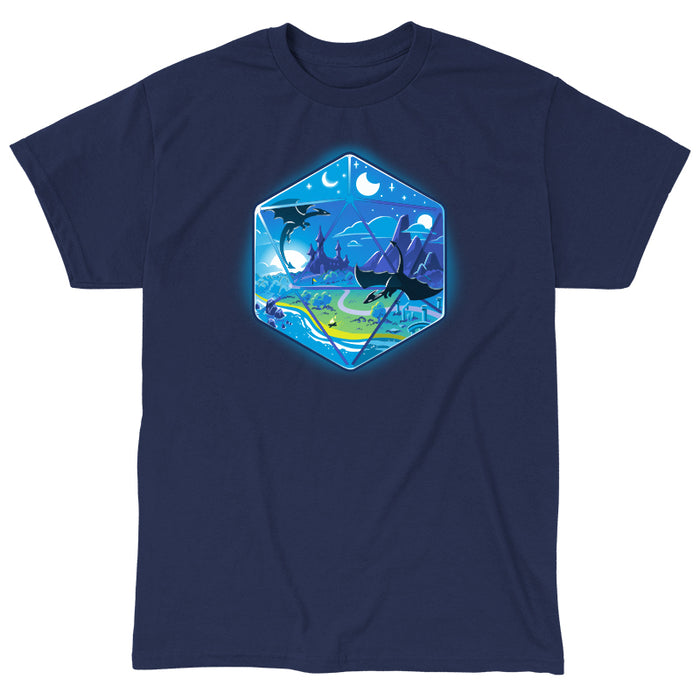 Classic Cotton T-shirt_TeeTurtle navy blue featuring an illustration of a fantasy world within a hexagonal frame, featuring flying dragons, a castle, mountains, a river, and both the sun and moon in the sky.