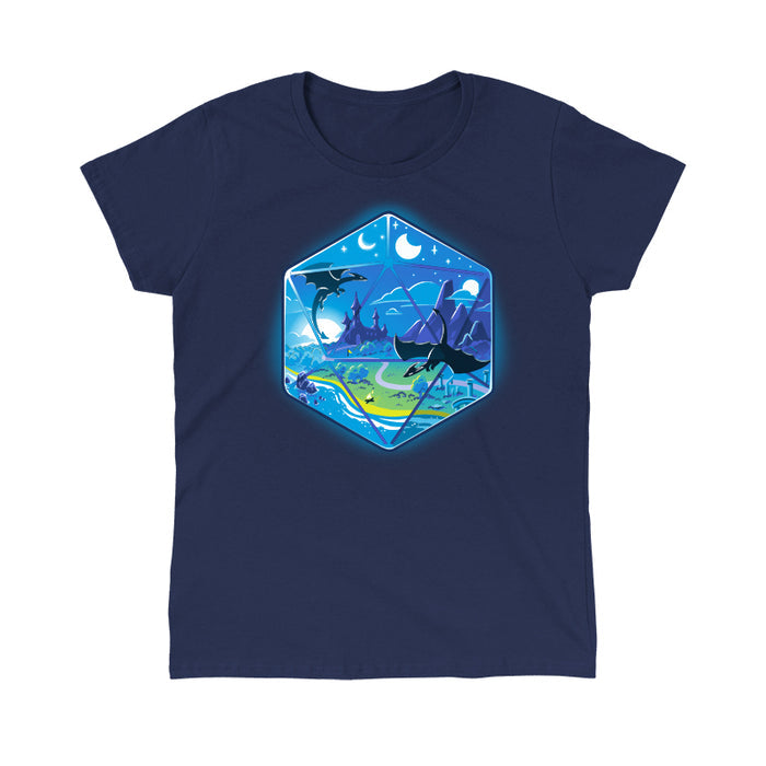 Classic Cotton T-shirt_TeeTurtle navy blue featuring an illustration of a fantasy world within a hexagonal frame, featuring flying dragons, a castle, mountains, a river, and both the sun and moon in the sky.