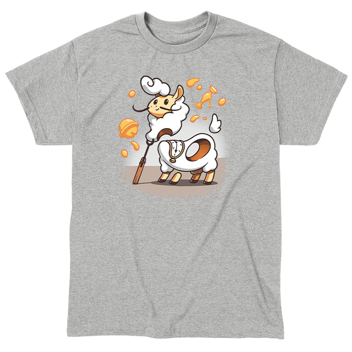 Classic Cotton T-shirt_TeeTurtle Dali's Llama heather gray t-shirt featuring a llama drawn in the style of Salvador Dali complete with a hole in it, a melted clock on its back and, of course, Dali's signature moustache surrounded by absurdist wax sculptures.