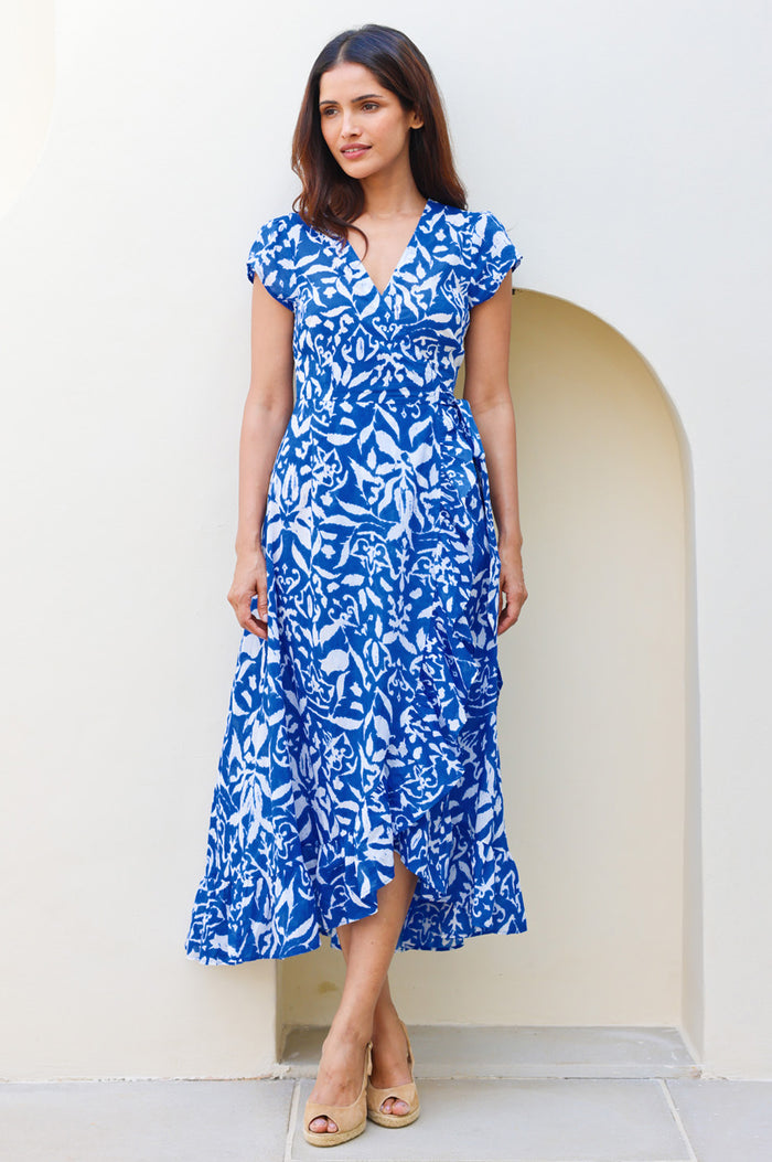 Demi Organic Cotton Wrap Dress | Cobalt/White