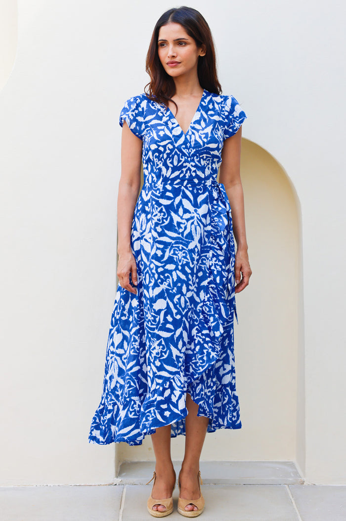 Demi Organic Cotton Wrap Dress | Cobalt/White