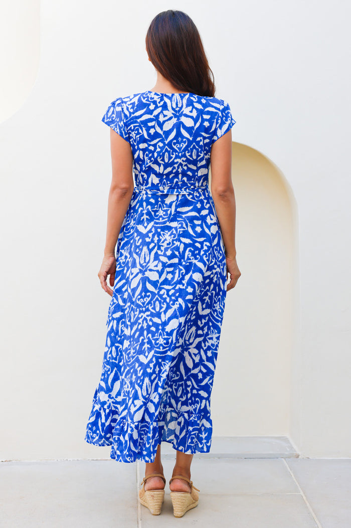 Demi Organic Cotton Wrap Dress | Cobalt/White - Aspiga