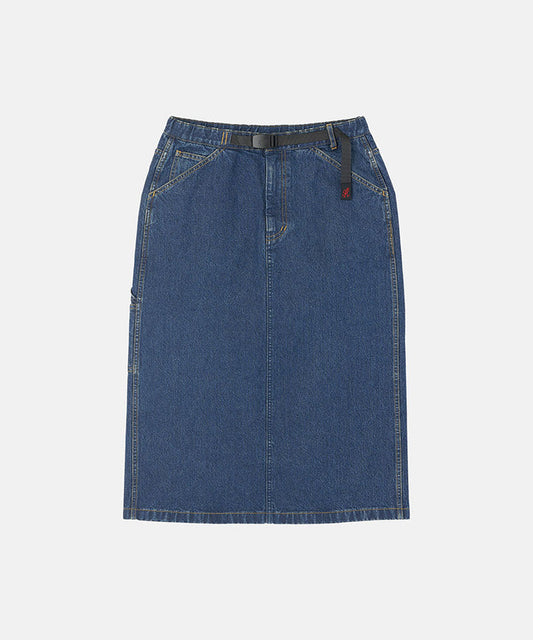 Stone colored Gramicci Denim Carpenter Skirt against a light-tone background.