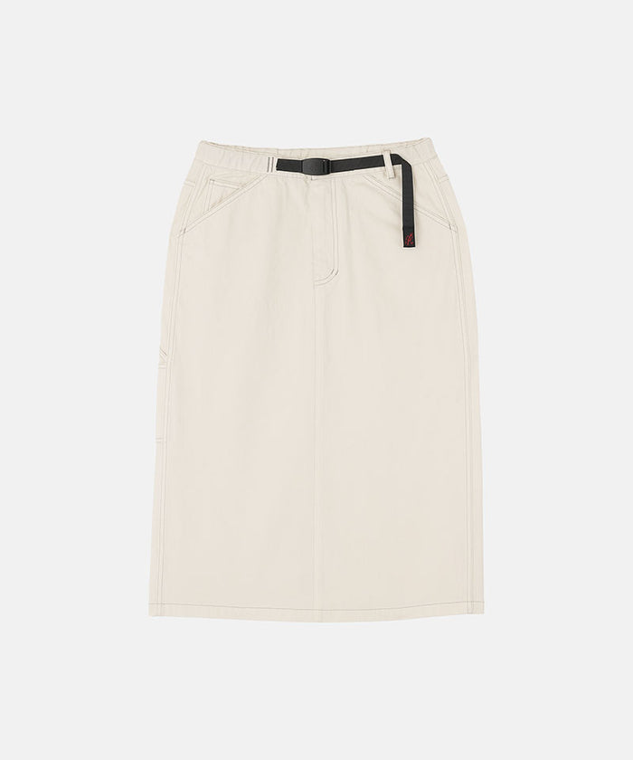 Bone colored Gramicci Denim Carpenter Skirt against a light-tone background.