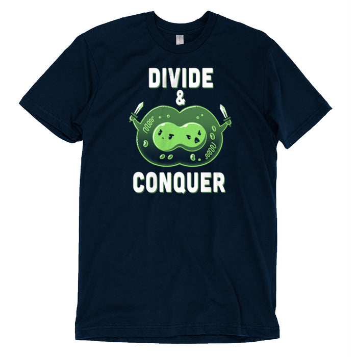 Premium Cotton T-shirt_TeeTurtle navy blue Divide & Conquer t-shirt featuring a dividing cell armed with swords.